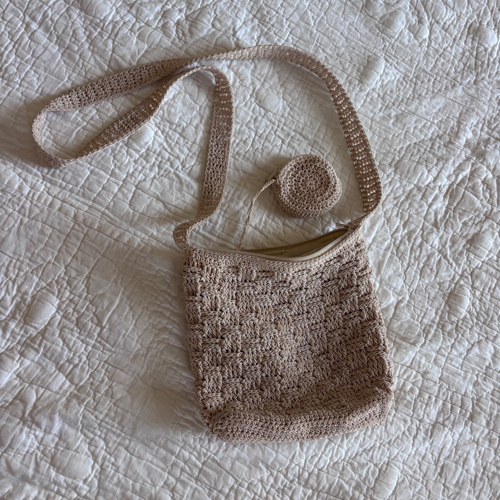 3/$15 Beige Crochet Shoulder Bag with Detachable Coin Pouch